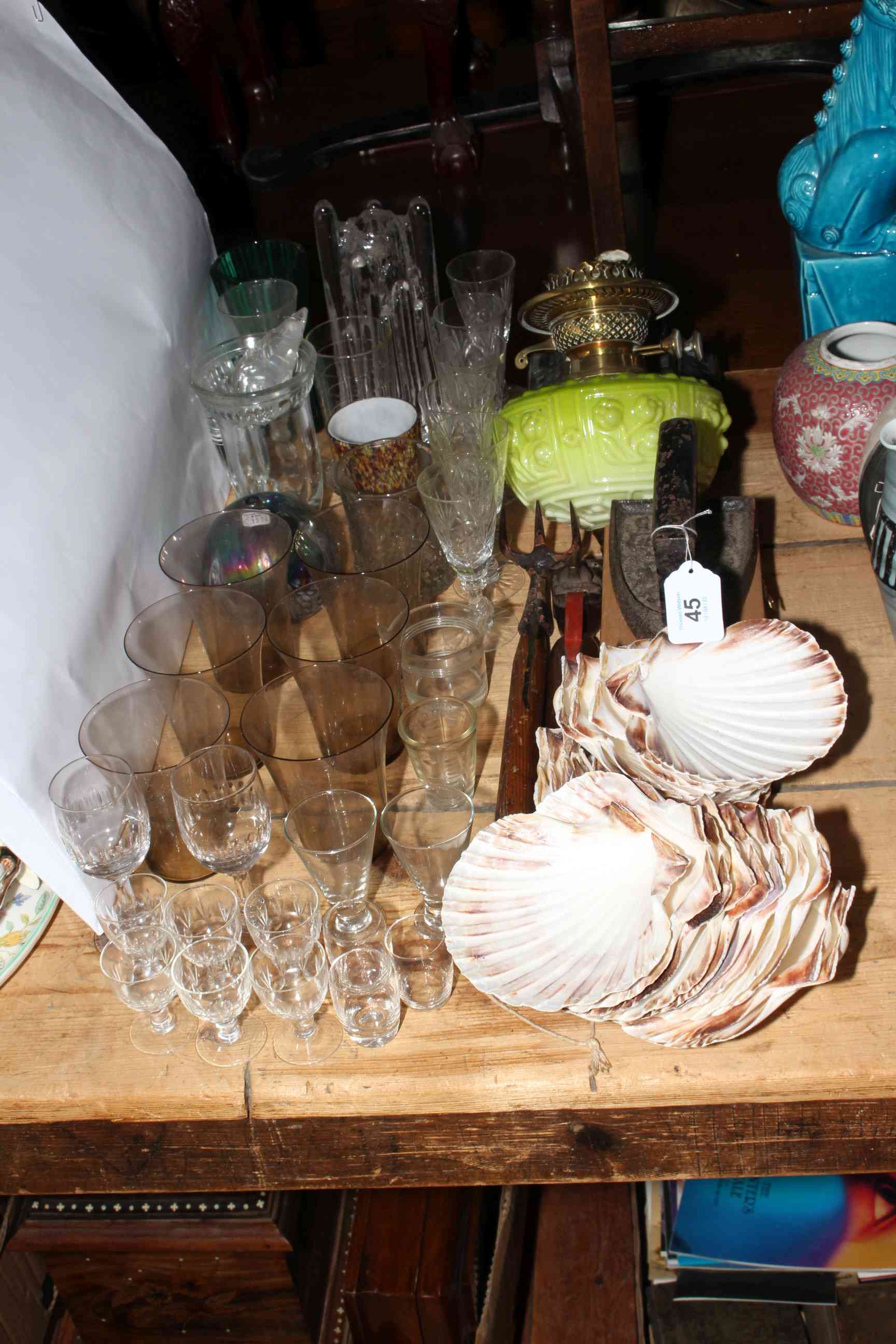 Victorian oil lamp, scallop shells, glasswares, etc.