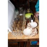 Victorian oil lamp, scallop shells, glasswares, etc.