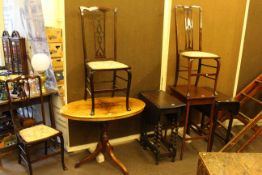 Victorian inlaid walnut oval occasional table, two small drop leaf tables,