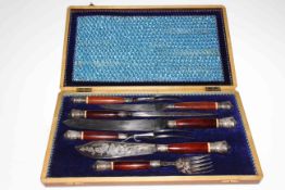 Cased Victorian seven piece carver set with ornate silver mounts, Sheffield 1884,