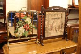 Edwardian brass and painted mirror panel firescreen and oak barley twist and needlework panel