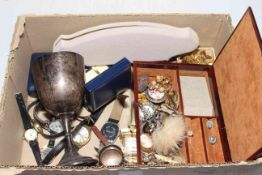 Box with jewellery, two silver trophy cups, watches, etc.