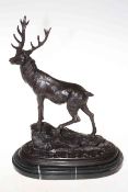 Bronze stag on marble base, 40cm high.