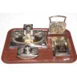 Decorated Arts & Crafts EPNS five piece desk set with inkstand, 25.5cm across.