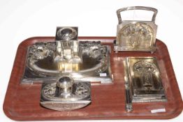 Decorated Arts & Crafts EPNS five piece desk set with inkstand, 25.5cm across.