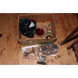 1930's Kings Cross signal lever, red and clear signal aspects, NER ashtray, wagon plate,