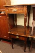 Pair Victorian pitch pine single drawer side tables on turned legs, 76cm by 61cm by 61cm.