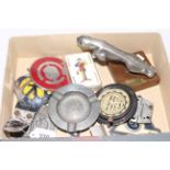 Box of six vintage car badges, jaguar mascot, ashtray and playing cards.