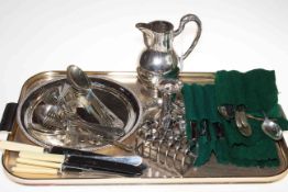 Collection of silver plated wares including chamber candlestick and flatware.