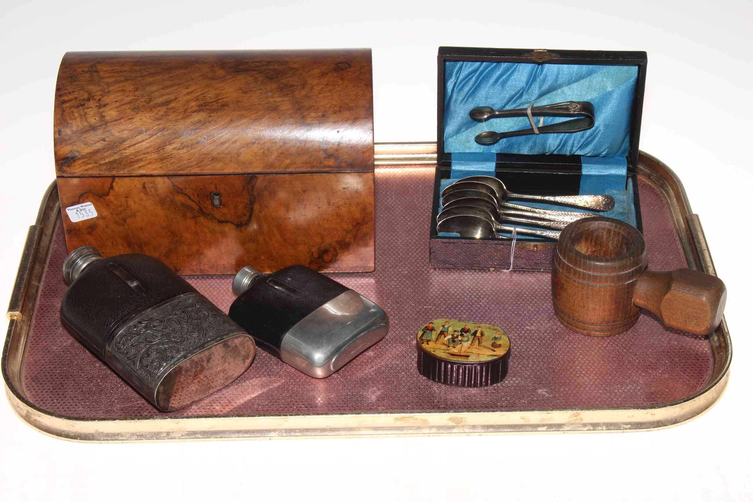 Victorian walnut caddy, two spirit flasks, silver teaspoons and tongs,