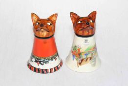 Two Maling fox mask stirrup cups, 14cm (one restored the other cracked).