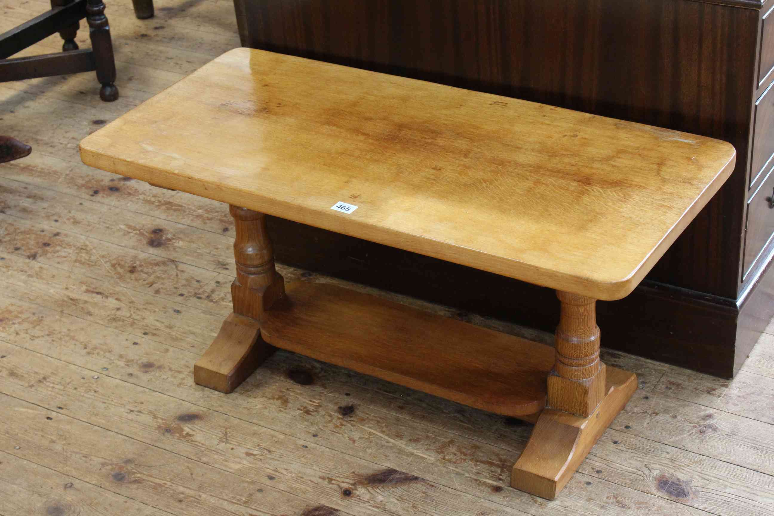 Rectangular oak adzed cut coffee table with cat motif, 43cm by 88cm by 42.5cm.