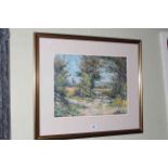E.M. Jones, Lane in Sunlight, oil painting, signed lower right, 34cm by 44cm, in glazed frame.