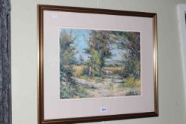 E.M. Jones, Lane in Sunlight, oil painting, signed lower right, 34cm by 44cm, in glazed frame.