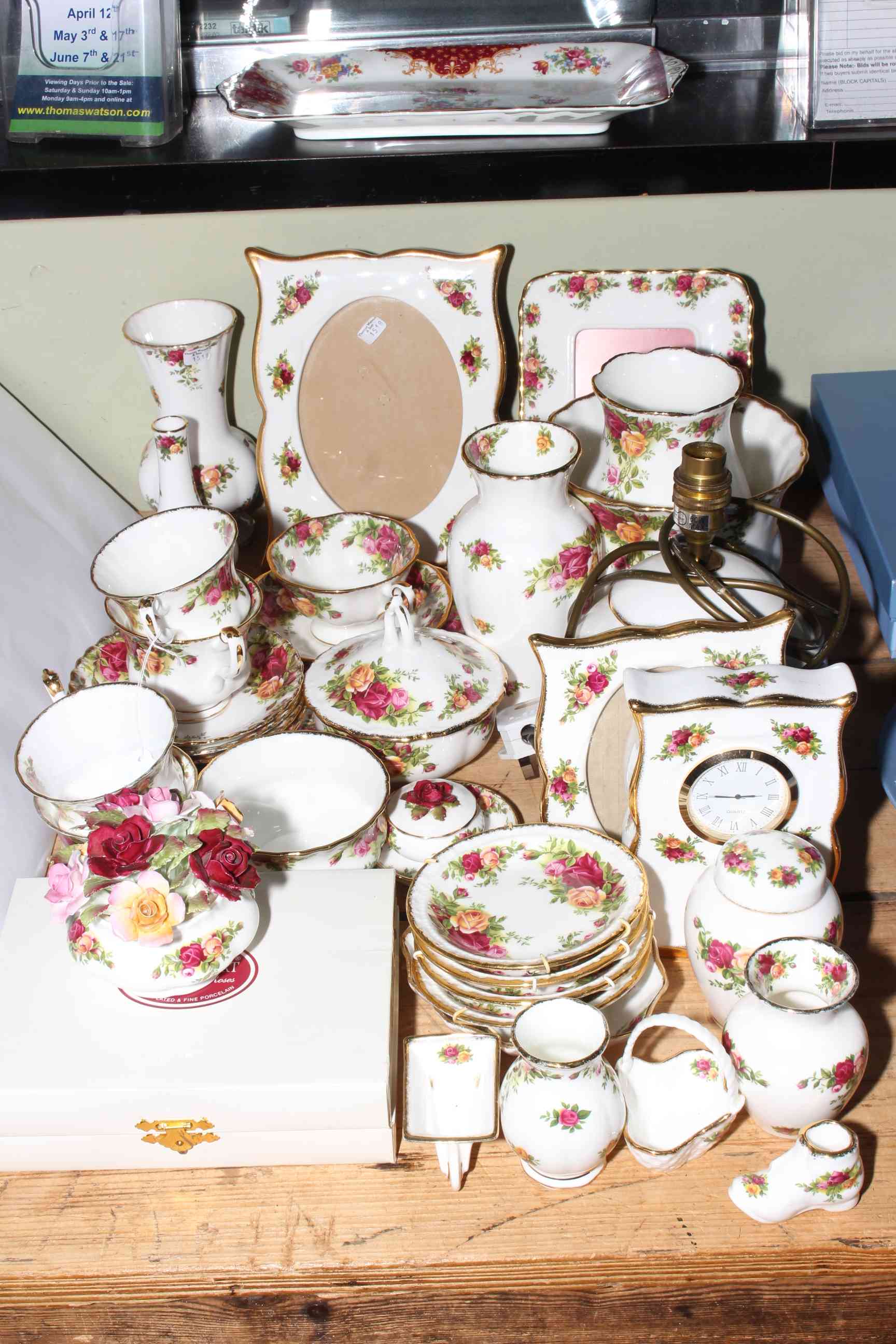 Collection of Royal Albert Old Country Roses including lamp, cased spoons, photograph frames, clock,