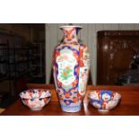 Oriental Imari pair of bowls, 11cm, and vase, 62cm.