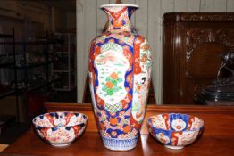 Oriental Imari pair of bowls, 11cm, and vase, 62cm.