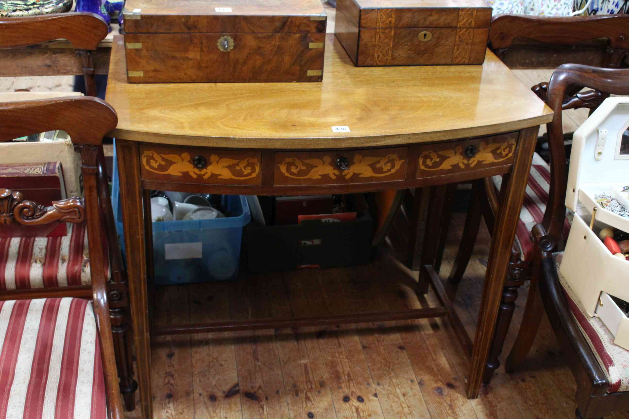Inlaid mahogany three drawer bow front side table and four Victorian dining chairs (3x1). - Image 2 of 2