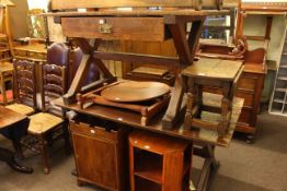 Two Victorian pitch pine rectangular X-Framed tables.