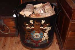 Large Armorial painted two handled log bin and logs, 59cm by 56.5cm diameter.