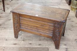Carved oak and linen fold panel blanket box, 49cm by 82cm by 43cm.
