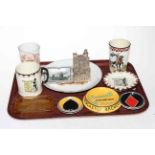 Maling beakers, Newcastle Champion Ales ashtray, playing card counter dishes, model of The Castle,