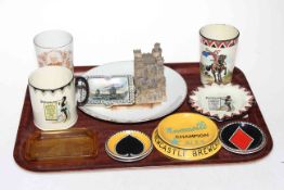 Maling beakers, Newcastle Champion Ales ashtray, playing card counter dishes, model of The Castle,