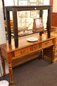 Three drawer console table on turned legs and rectangular two tier side table (2).