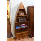 Barker & Stonehouse boat shaped open bookcase with two base drawers, 205cm.