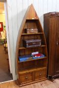 Barker & Stonehouse boat shaped open bookcase with two base drawers, 205cm.