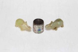 Two small jade elephants, 8cm length, and silver and enamel pot (3).