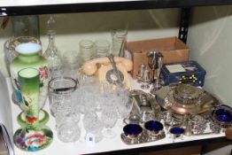 Collection of glassware, vintage telephone, metalwares, etc.