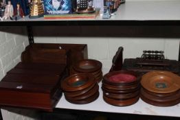 Collection plates, wooden candle boxes, book troughs, multi candle holder.