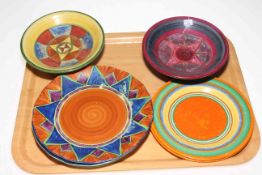 Tray lot with eight pieces of Clarice Cliff and similar plates and tazza.