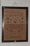 19th Century alphabet and text sampler by Mary Bainbridge in oak frame, 87cm by 67cm overall.