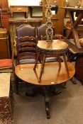 Carved oak sewing chair, mahogany single drop leaf pedestal table and two pairs dining chairs (6).