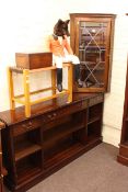 Three drawer mahogany open side cabinet, glazed door corner wall cabinet,