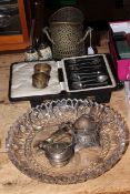 Cased set of silver spoons and tongs, two napkin rings, WMF cup holder, etc.