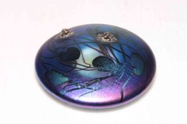 John Ditchfield glasform iridescent paperweight with two silver frogs, 13cm diameter.