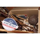 Assorted golf clubs, Crown Green bowls, pool cue, vintage leather football,