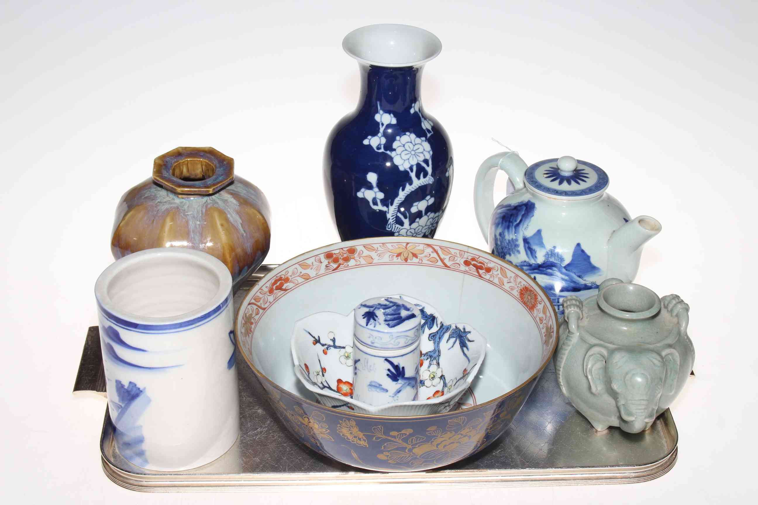 Collection of Chinese pottery including teapot, bowls, vase, brush washer, etc.