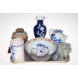 Collection of Chinese pottery including teapot, bowls, vase, brush washer, etc.