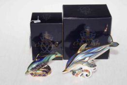 Two Royal Crown Derby paperweights including Lyne Bay Baby Dolphin and Stripe Dolphin.