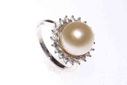 Sterling Silver AAA South Sea Pearl with Zircon ring, size P.