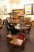 Contemporary oval glass topped dining table and four chairs, set of three adjustable bar stools,