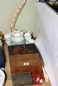 Mahogany inlaid vintage box, ivory paper opener/necklace etc, papier mache box, tea set, etc.