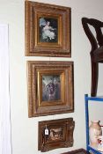 Three carved gilt framed furnishing prints.