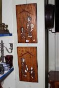 Pair Oriental panels with applied figure decoration, 48.5cm by 26.5cm.