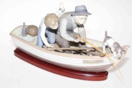 Lladro 'Fishing with Gramps' group on wood base 5215, 38cm length.