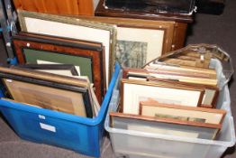 Two boxes of various framed watercolours, etc.